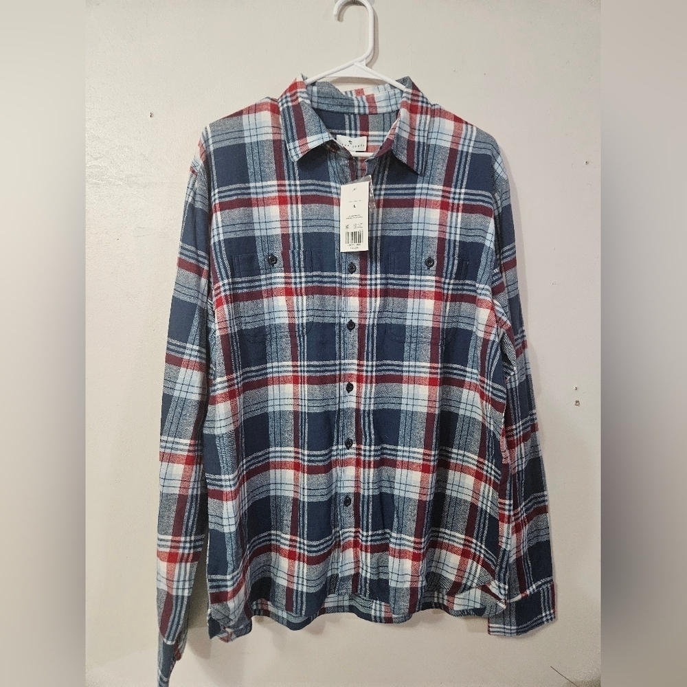 NWT! True Craft Button Down Plaid Blue And White Mens Shirt!